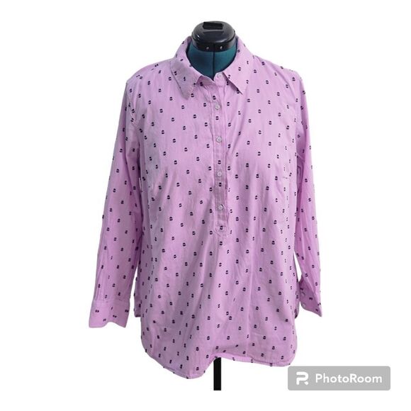 Talbots Pink & Black Swiss Dot Cotton Blouse Plus Size 1X Button Down - Picture 2 of 9